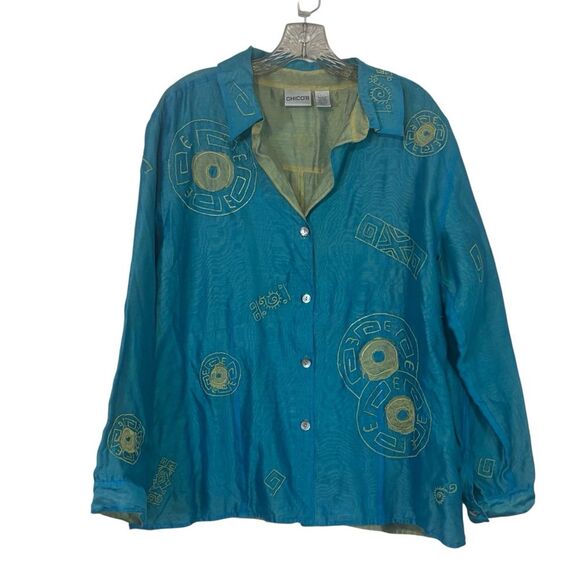 Chico's Teal Blue Button-Down Cotton Linen Blouse Geometric Applique Embroidery - Picture 1 of 6